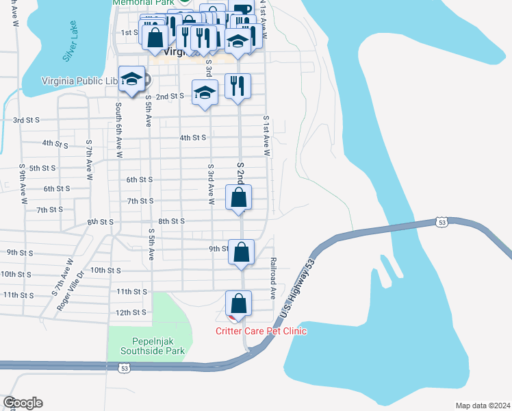 map of restaurants, bars, coffee shops, grocery stores, and more near 116 7th St S in Virginia