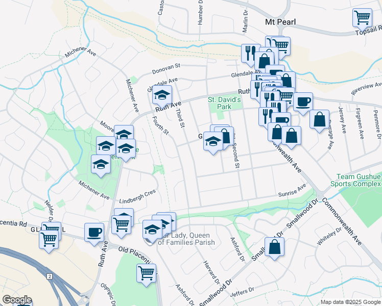 map of restaurants, bars, coffee shops, grocery stores, and more near Third Street in Mount Pearl