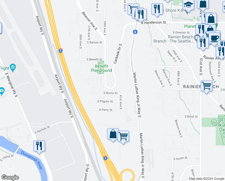 map of restaurants, bars, coffee shops, grocery stores, and more near 9605 40th Avenue South in Seattle