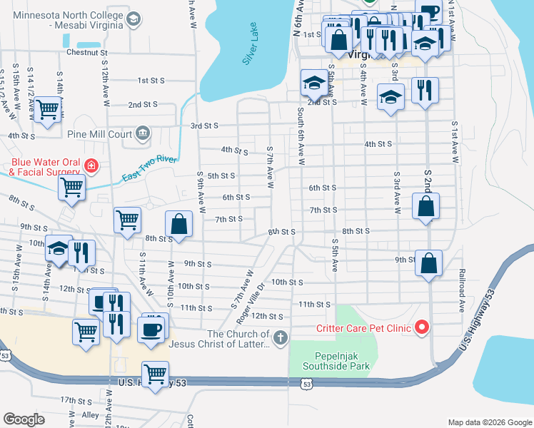 map of restaurants, bars, coffee shops, grocery stores, and more near 701 South 7th Avenue West in Virginia