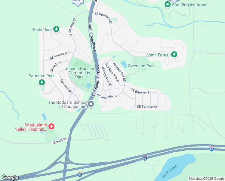 map of restaurants, bars, coffee shops, grocery stores, and more near 34721 Southeast Jeffs Street in Snoqualmie