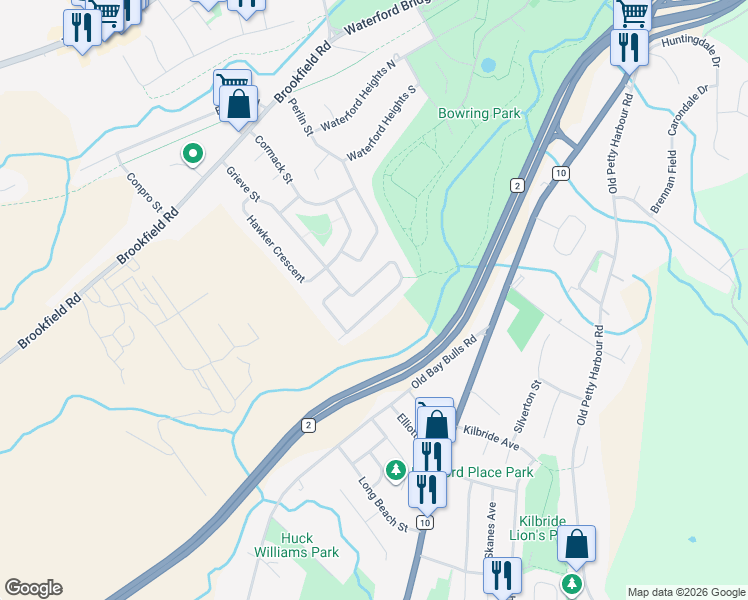 map of restaurants, bars, coffee shops, grocery stores, and more near 62 Beacon Hill Crescent in St. John's