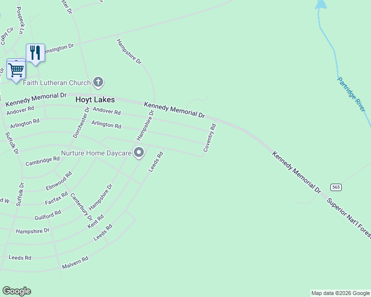 map of restaurants, bars, coffee shops, grocery stores, and more near 434 Arlington Road in Hoyt Lakes