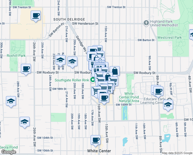 map of restaurants, bars, coffee shops, grocery stores, and more near 9636 16th Avenue Southwest in Seattle