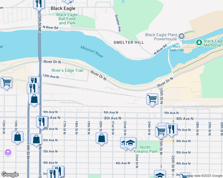 map of restaurants, bars, coffee shops, grocery stores, and more near 2008 River Drive North in Great Falls