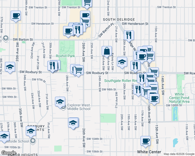 map of restaurants, bars, coffee shops, grocery stores, and more near 2419 Southwest Roxbury Street in Seattle