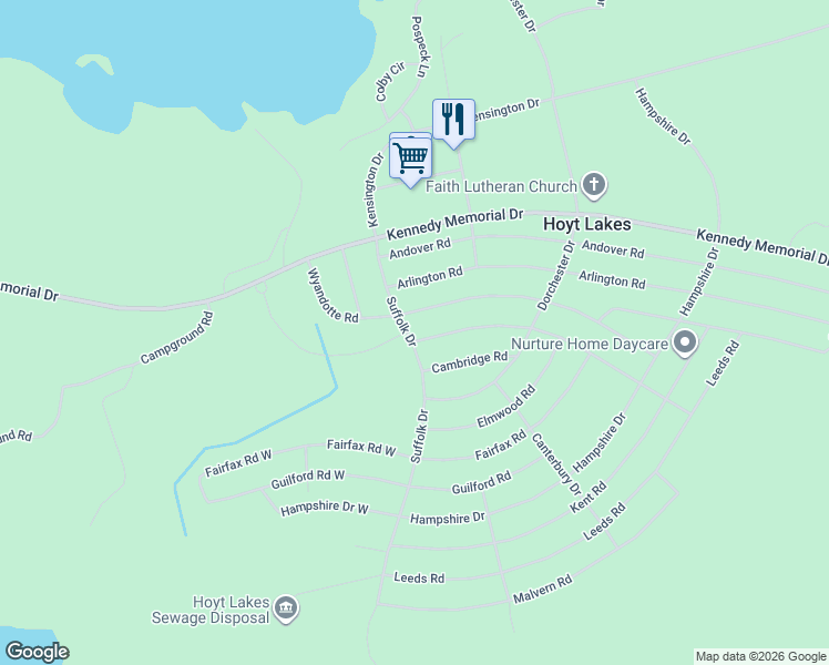 map of restaurants, bars, coffee shops, grocery stores, and more near 203 Brandon Road in Hoyt Lakes