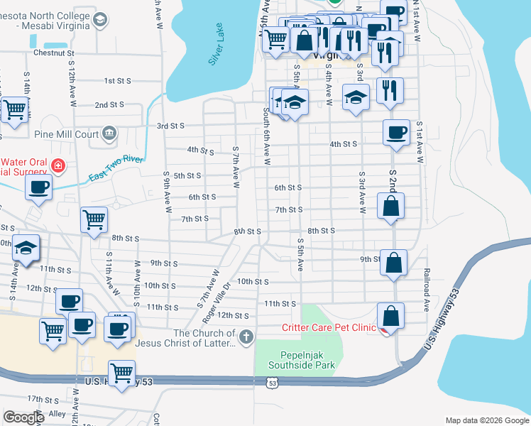 map of restaurants, bars, coffee shops, grocery stores, and more near 602 7th Street South in Virginia