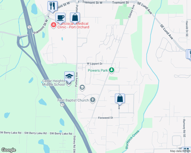 map of restaurants, bars, coffee shops, grocery stores, and more near 111 Dallas Street in Port Orchard