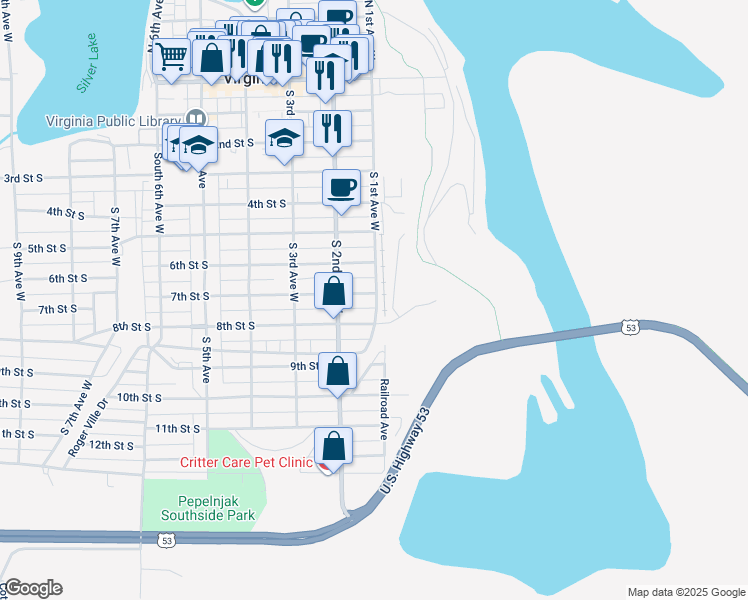 map of restaurants, bars, coffee shops, grocery stores, and more near 116 7th Street South in Virginia