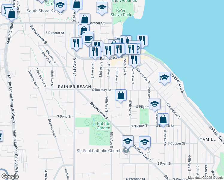 map of restaurants, bars, coffee shops, grocery stores, and more near 7101 Lindsay Place South in Seattle