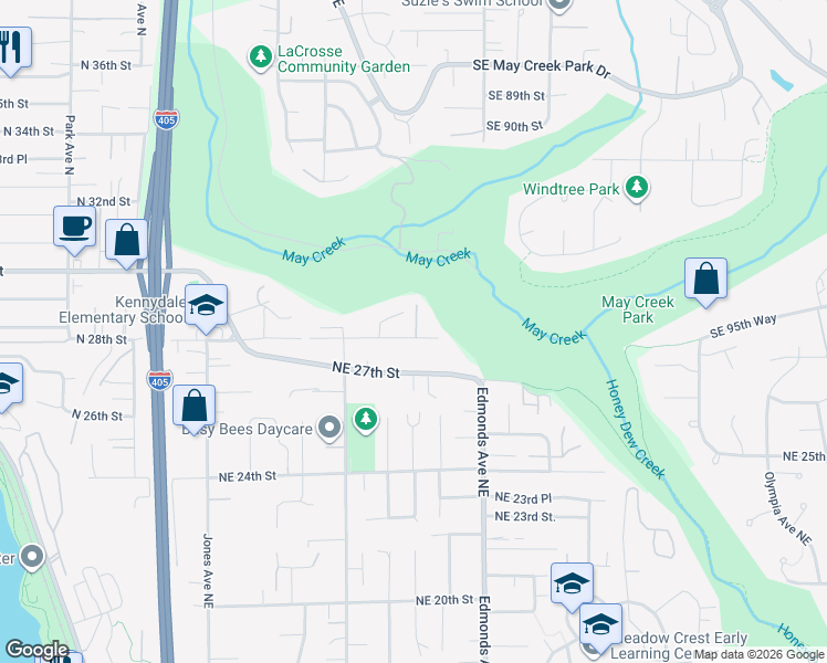 map of restaurants, bars, coffee shops, grocery stores, and more near 2302 Northeast 28th Street in Renton