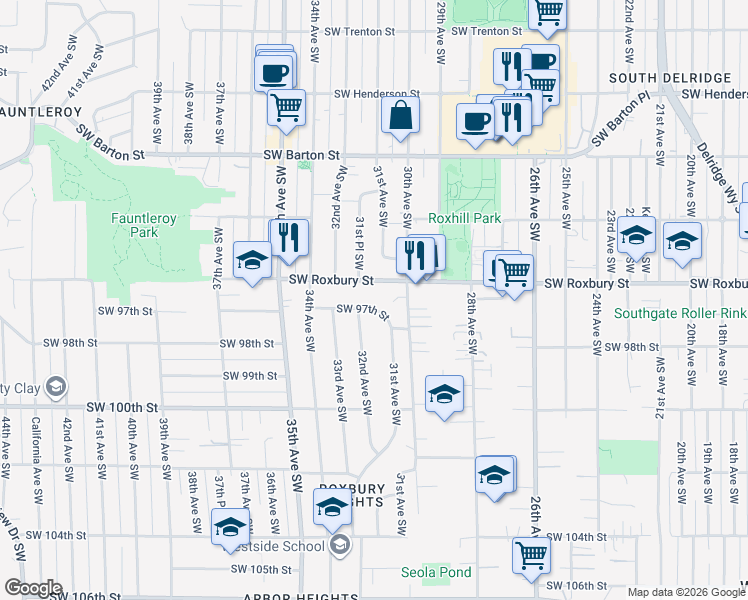 map of restaurants, bars, coffee shops, grocery stores, and more near 3121 Southwest Roxbury Street in Seattle