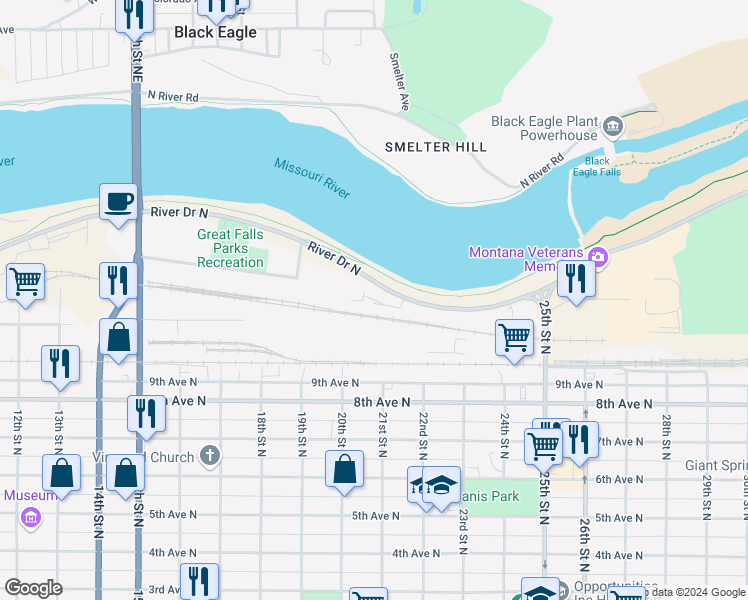 map of restaurants, bars, coffee shops, grocery stores, and more near 2008 N River Dr in Great Falls