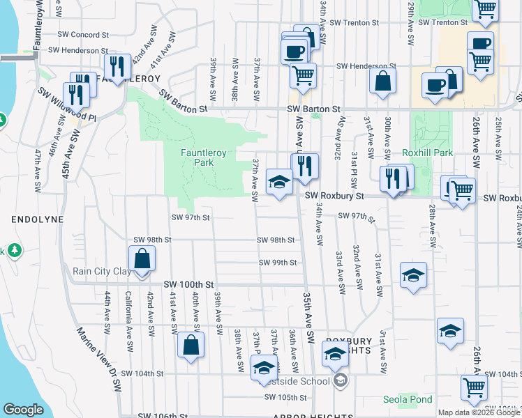 map of restaurants, bars, coffee shops, grocery stores, and more near 9616 37th Avenue Southwest in Seattle