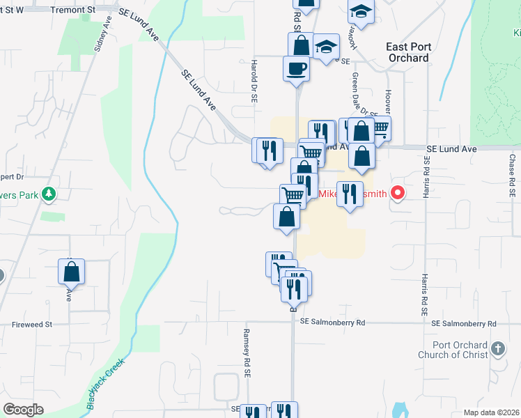 map of restaurants, bars, coffee shops, grocery stores, and more near 1491 Southeast Bethel Valley Lane in Port Orchard