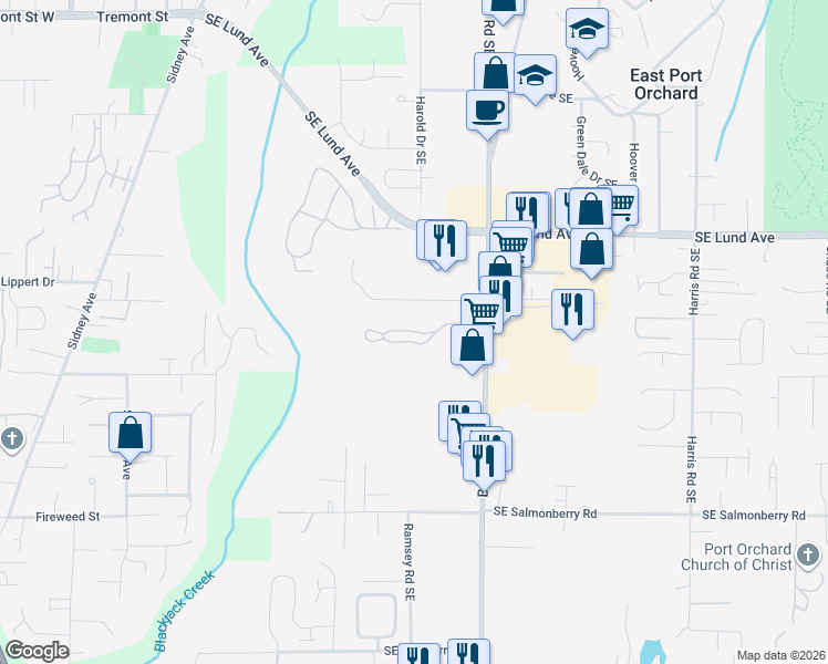 map of restaurants, bars, coffee shops, grocery stores, and more near 1483 Southeast Bethel Valley Lane in Port Orchard