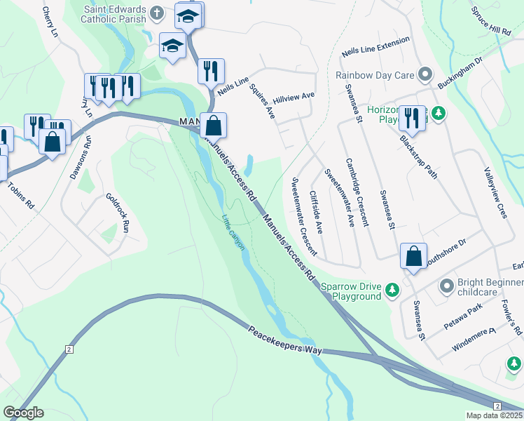 map of restaurants, bars, coffee shops, grocery stores, and more near 10 Manuels Access Road in Conception Bay South