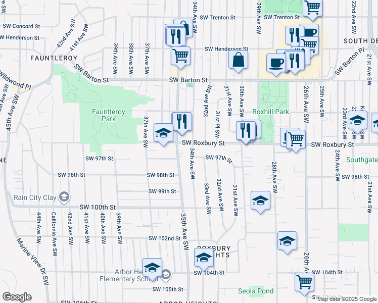 map of restaurants, bars, coffee shops, grocery stores, and more near 9617 34th Avenue Southwest in Seattle