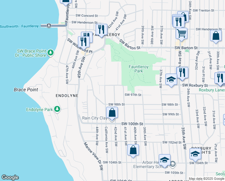 map of restaurants, bars, coffee shops, grocery stores, and more near 9617 42nd Avenue Southwest in Seattle