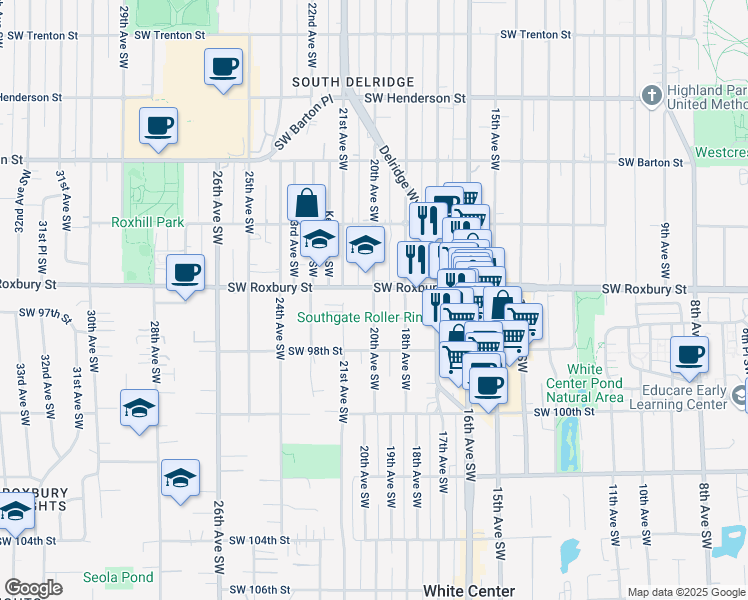 map of restaurants, bars, coffee shops, grocery stores, and more near 9615 20th Ave SW in Seattle