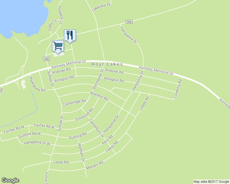 map of restaurants, bars, coffee shops, grocery stores, and more near 321 Wyandotte Road in Hoyt Lakes