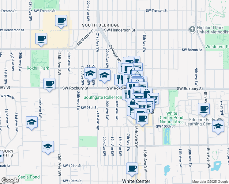 map of restaurants, bars, coffee shops, grocery stores, and more near 9615 18th Avenue Southwest in Seattle