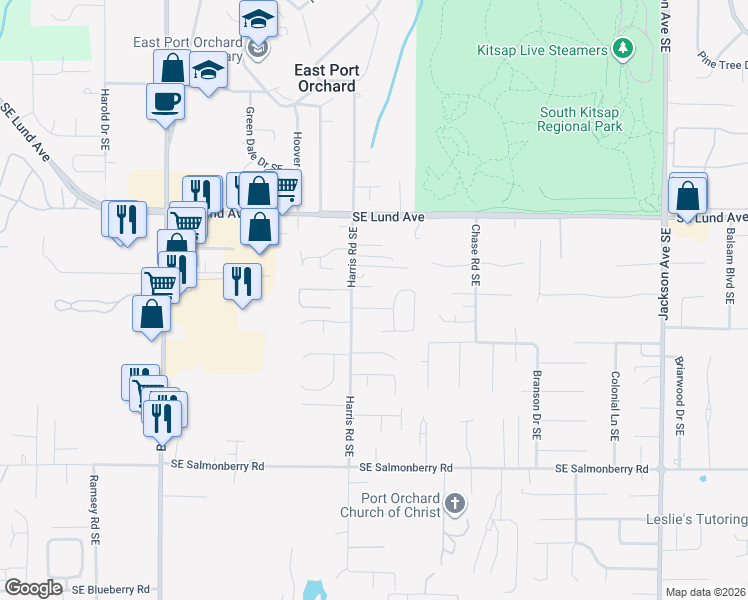 map of restaurants, bars, coffee shops, grocery stores, and more near 3473 Harris Road Southeast in Port Orchard