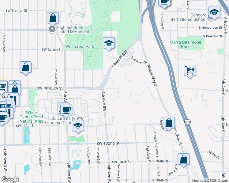 map of restaurants, bars, coffee shops, grocery stores, and more near 226 Southwest 96th Lane in Seattle