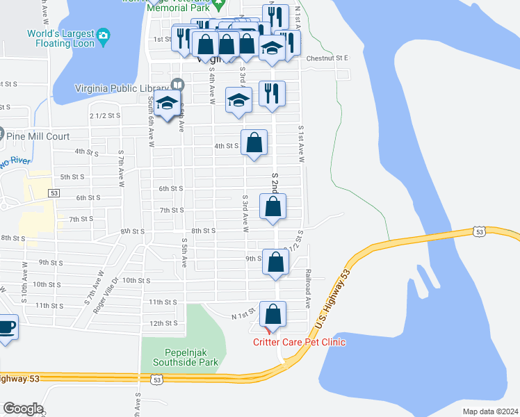 map of restaurants, bars, coffee shops, grocery stores, and more near 214 7th Street South in Virginia