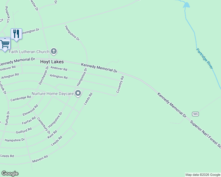 map of restaurants, bars, coffee shops, grocery stores, and more near 434 Arlington Road in Hoyt Lakes