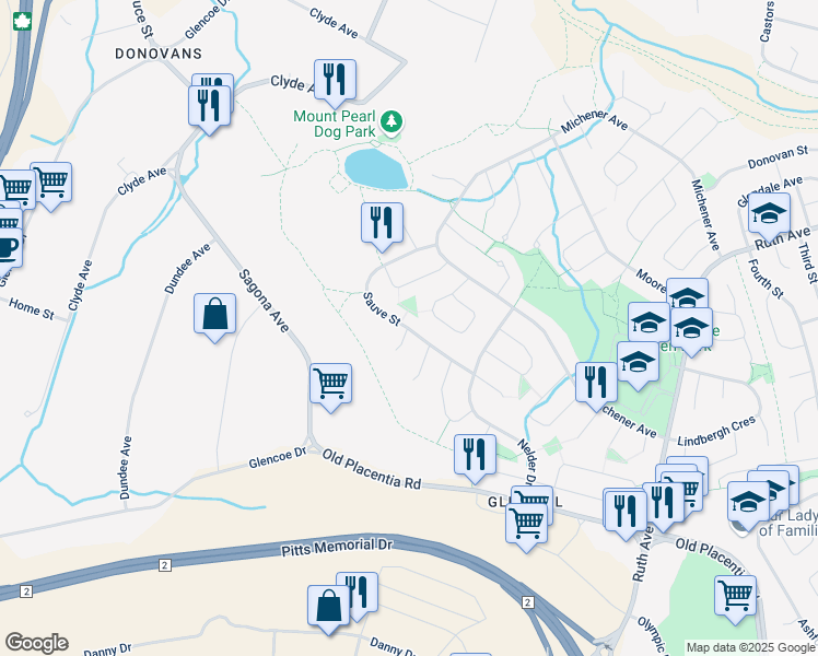 map of restaurants, bars, coffee shops, grocery stores, and more near 41 Sauve Street in Mount Pearl