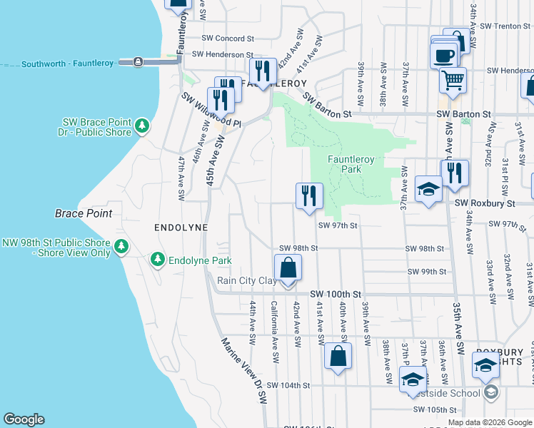 map of restaurants, bars, coffee shops, grocery stores, and more near 9615 California Avenue Southwest in Seattle