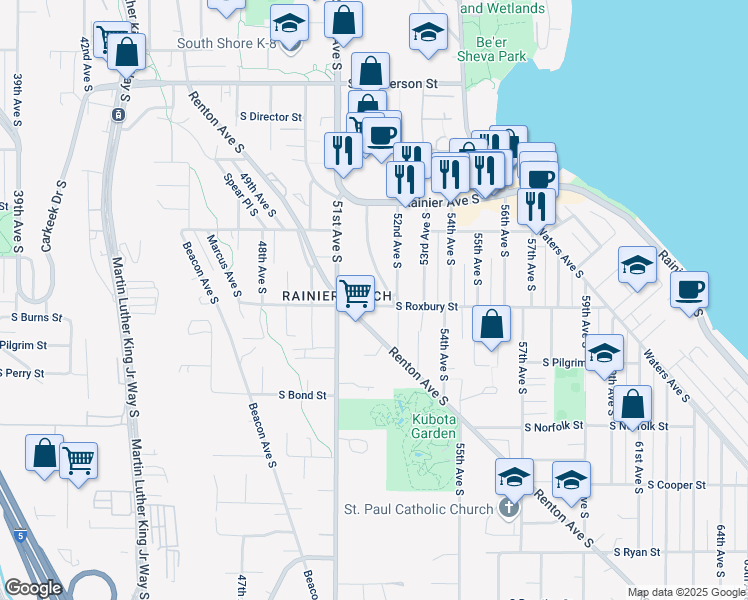 map of restaurants, bars, coffee shops, grocery stores, and more near 5140 South Roxbury Street in Seattle