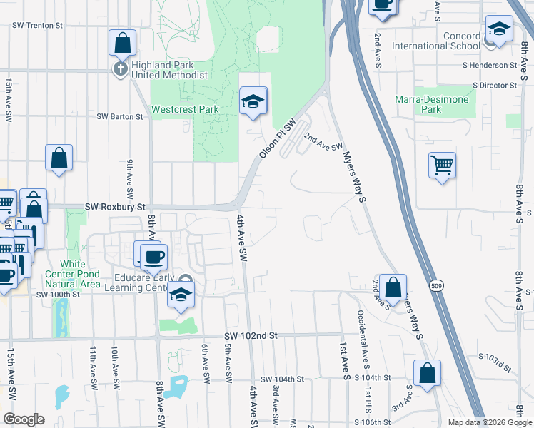 map of restaurants, bars, coffee shops, grocery stores, and more near 226 Southwest 96th Lane in Seattle