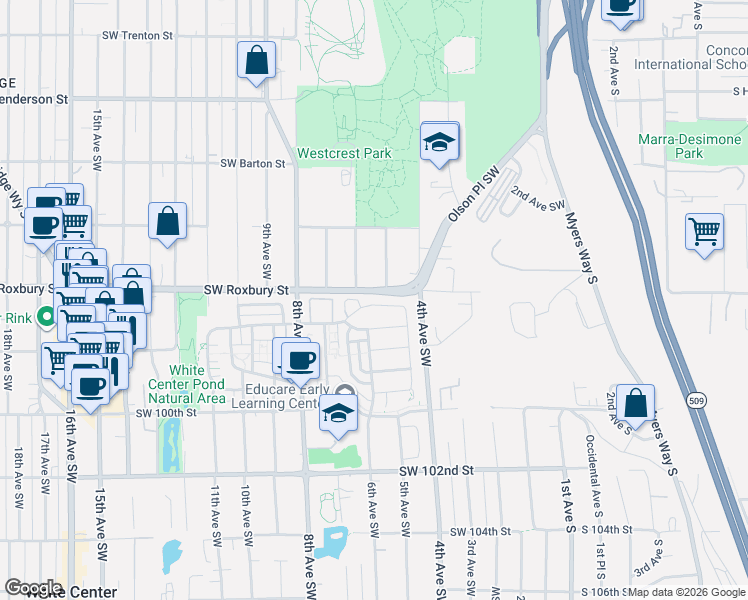 map of restaurants, bars, coffee shops, grocery stores, and more near in White Center