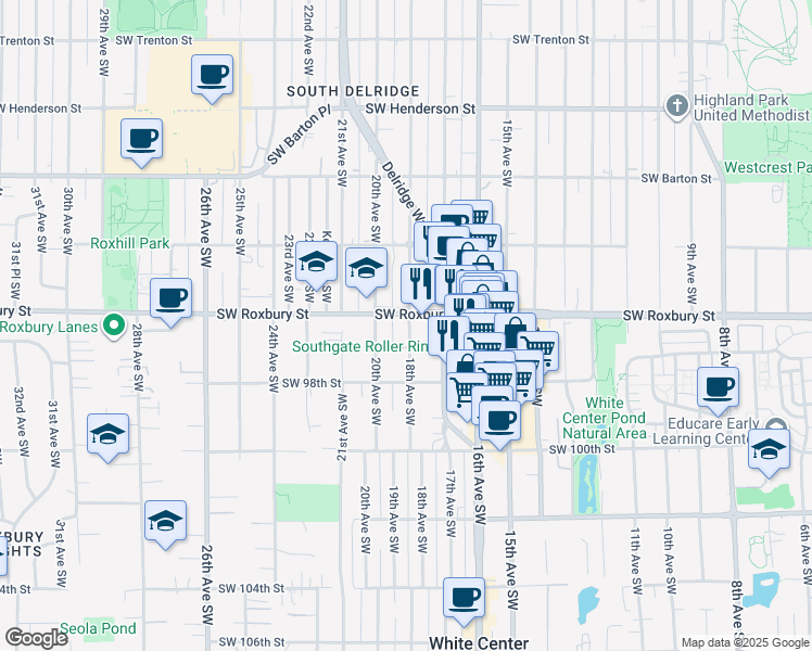 map of restaurants, bars, coffee shops, grocery stores, and more near 9613 18th Avenue Southwest in Seattle