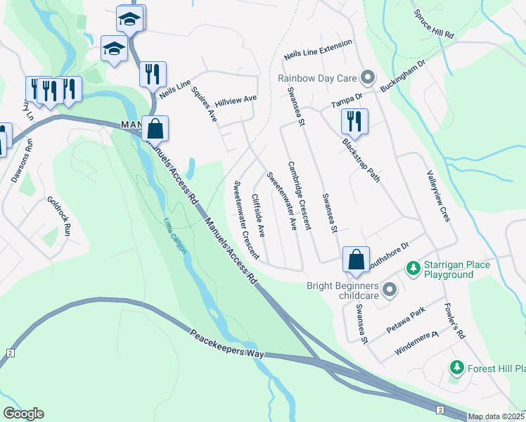 map of restaurants, bars, coffee shops, grocery stores, and more near 25 Cliffside Avenue in Conception Bay South