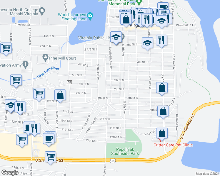 map of restaurants, bars, coffee shops, grocery stores, and more near 707 South 6th Avenue West in Virginia