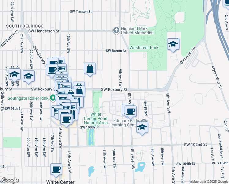 map of restaurants, bars, coffee shops, grocery stores, and more near 954 Southwest 96th Place in Seattle