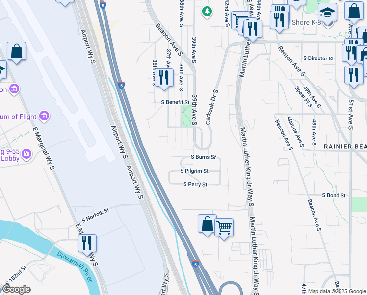 map of restaurants, bars, coffee shops, grocery stores, and more near 9438 38th Avenue South in Seattle