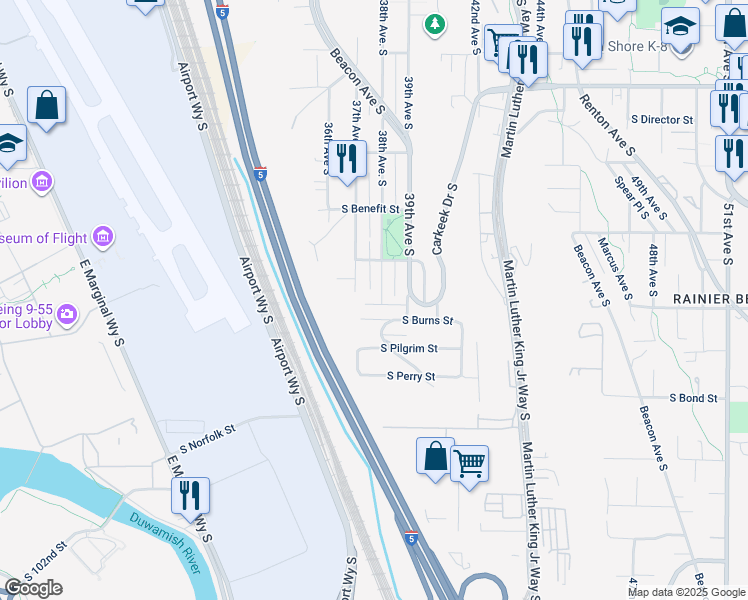 map of restaurants, bars, coffee shops, grocery stores, and more near 9438 38th Avenue South in Seattle