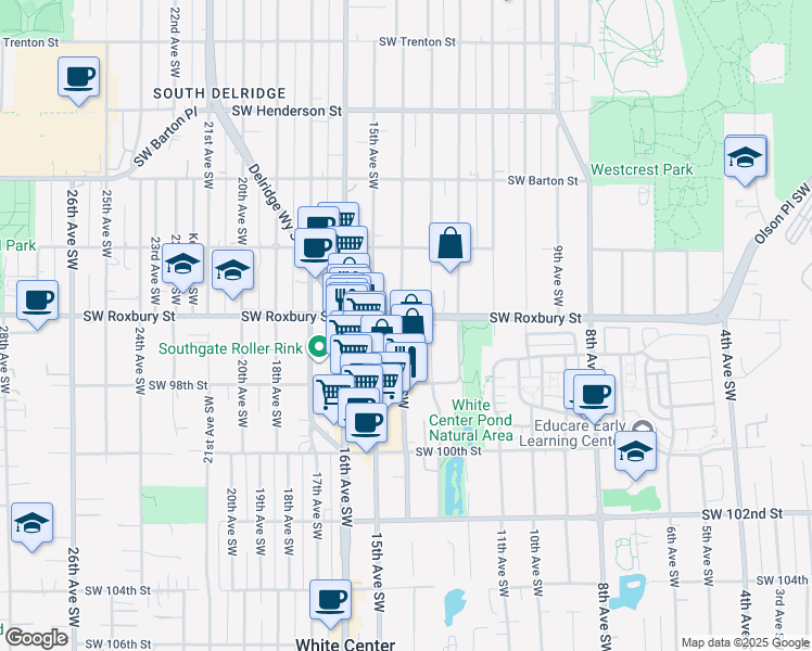 map of restaurants, bars, coffee shops, grocery stores, and more near 9609 13th Avenue Southwest in Seattle