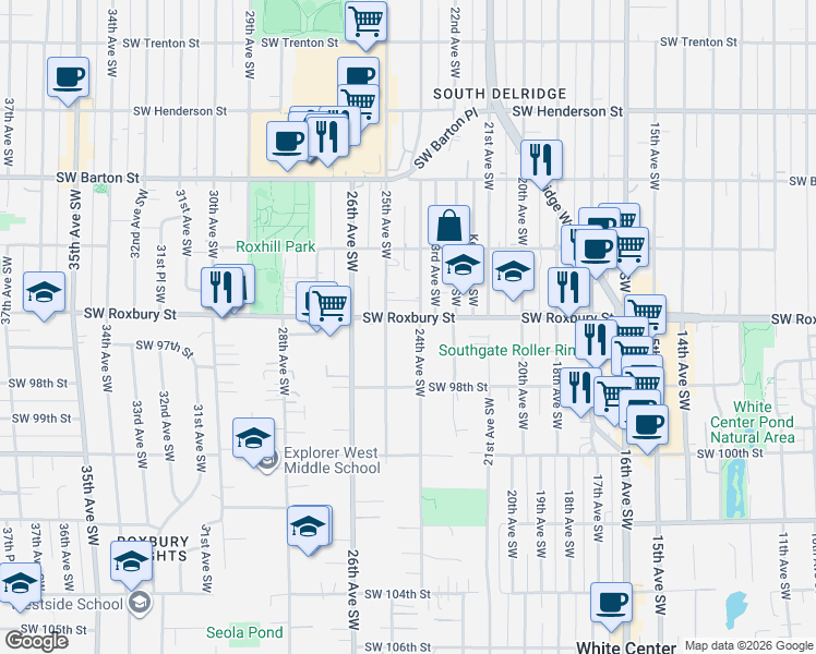 map of restaurants, bars, coffee shops, grocery stores, and more near 2419 Southwest Roxbury Street in Seattle