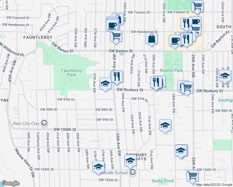 map of restaurants, bars, coffee shops, grocery stores, and more near 9617 34th Avenue Southwest in Seattle
