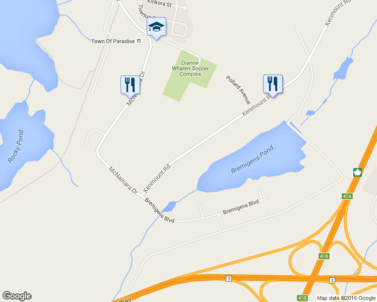 map of restaurants, bars, coffee shops, grocery stores, and more near 1266 Kenmount Road in Paradise