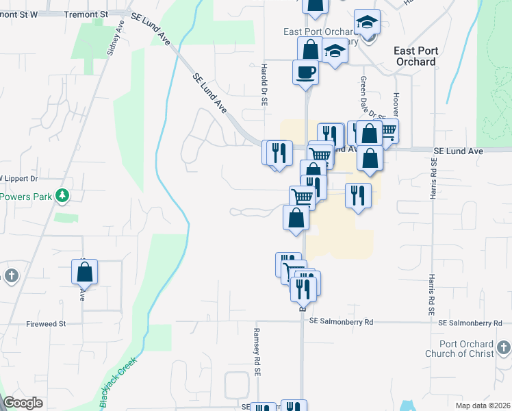 map of restaurants, bars, coffee shops, grocery stores, and more near 1457 Southeast Bethel Valley Lane in Port Orchard