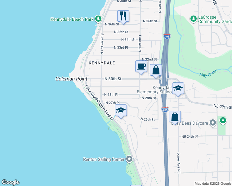 map of restaurants, bars, coffee shops, grocery stores, and more near 1008 North 28th Place in Renton