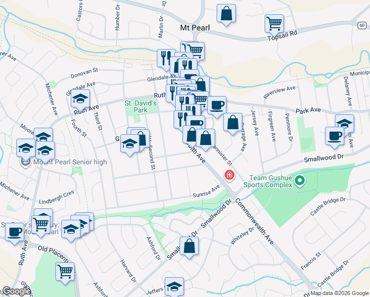 map of restaurants, bars, coffee shops, grocery stores, and more near 4 Edinburgh Drive in Mount Pearl