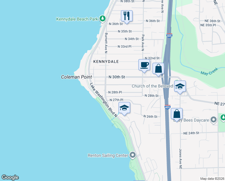 map of restaurants, bars, coffee shops, grocery stores, and more near 922 North 28th Place in Renton